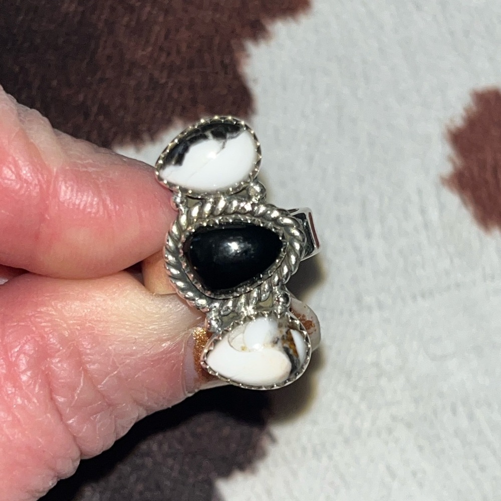 White Buffalo & Onyx 925 Silver Ring Adjustable NWOT